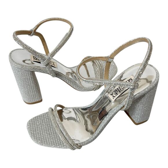 Badgley Mischka Firey Bejeweled Silver Rhinestone Block Heel Sandal Size 5 NWOT - Picture 2 of 8